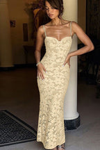 Lace Sweetheart Bustier Spaghetti Strap Bodycon Midi Dress