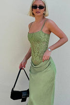 Floral Lace Corset Bodice Draped Ruched Satin Midi Dress