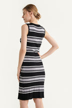 Scoop Neck Ribbed Knit Horizontal Stripe Tank Bodycon Midi Dress