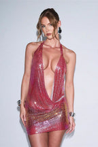 Deep Plunge Halter Draped Waist Sequin Chainmail Bodycon Mini Dress