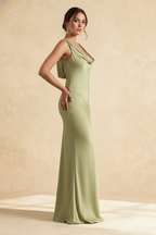 Satin Cowl Neck Spaghetti Strap Diagonal Panel Column Maxi Dress