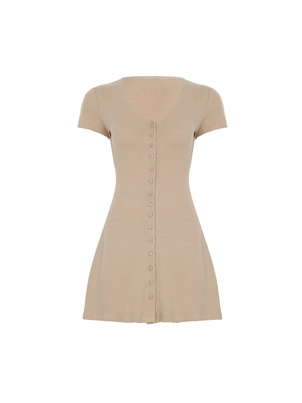 Row Buttons V-Neck Solid Colour Mini Dress