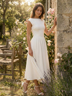 Boat Neck White Swing Dress For Women - Minimalist Elegant Open Back Midi Dress - Summer Date Night Outfits 2026