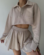 Short Casual Cardigan Top Drawstring Shorts Suit