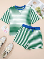 Stripe Boxy Tee and Drawstring Elastic Waist Shorts Set