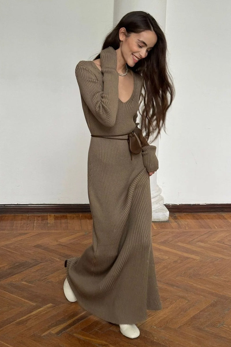 Knit Bodycon V Neck Maxi Dress