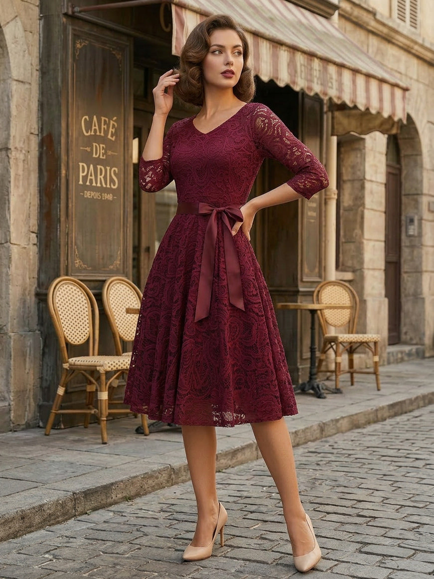 Vintage Lace Swing Dress for Women - 1950s V Neck 3/4 Sleeve Belted A-Line Midi Dress - Spring Wedding Guest 2026