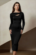 Rib Knit Long Sleeve Draped Overlay Keyhole Cut Out Bodycon Midi Dress