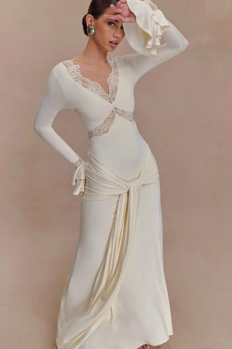Lace Bodycon Flare Sleeve Maxi Dress