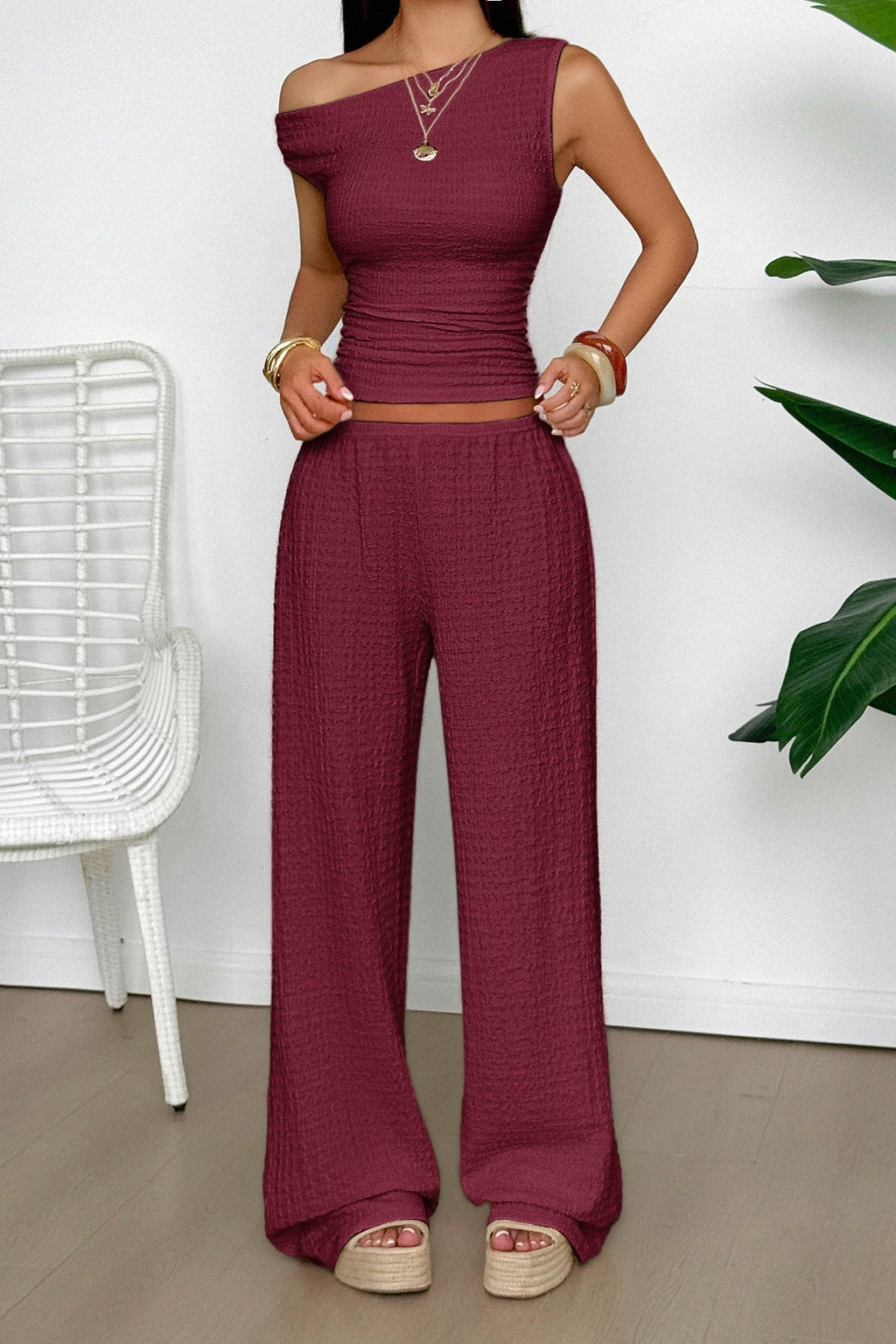 Textured Asymmetrical Tank Top Wide Leg Pants Set