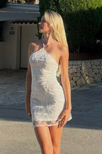 Lace Mesh Embroidered Halter Neck Bodycon Mini Dress