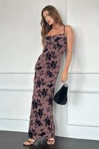 Velvet Flocked Slim Fit Strappy Long Party Dress