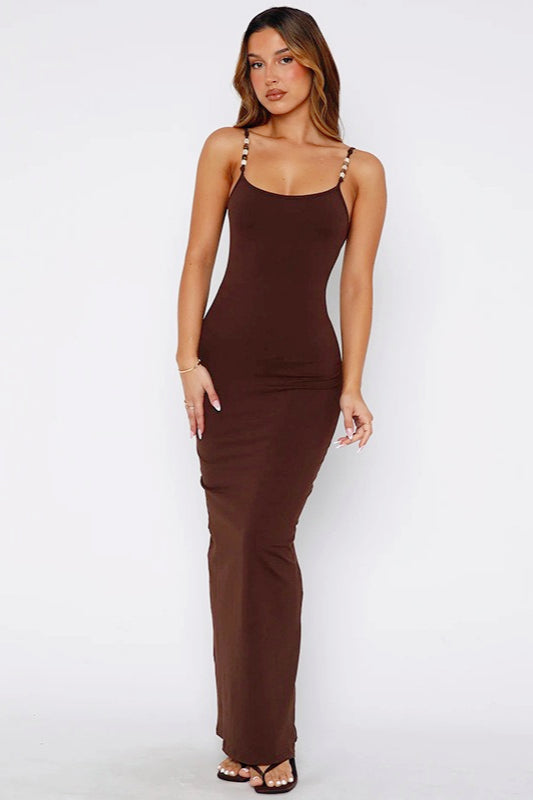 Beaded Spaghetti Strap Scoop Neck Bodycon Maxi Dress