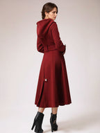 Double-breasted Woolen Coat With Hood Burgundy Belted Winter Long Outerwear For Women 2026