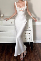 Satin Cowl Neck Lace Bustier Bow Accent Bodycon Maxi Gown