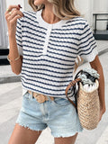 Striped Button Detail Short Sleeve Knit Top