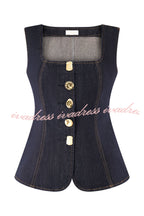 Stassi Denim Square Neck Unique Button Up Princess Seams Vest Top