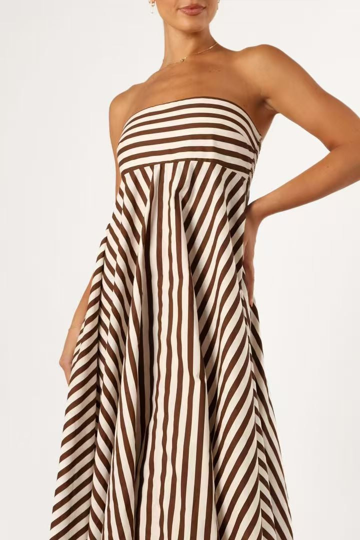 Brown Strapless Horizontal Diagonal Stripe Mitered A Line Maxi Dress
