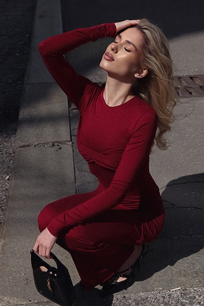 Long Sleeve Twist Front Ruched Bodycon Maxi Dress