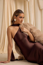 Satin One Shoulder Draped Sash Mermaid Cocktail Midi Dress