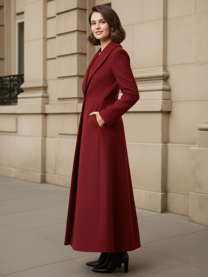 Shawl Collar Full-Length Woolen Coat With A-Line And V-Neck For Women 2026