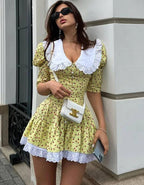 Ditsy Floral Print Eyelet Lace Collar Puff Sleeve Ruffle Hem Mini Dress