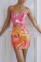 Fashionable Sequined Printed Suspender Slim-fit Mini Dress