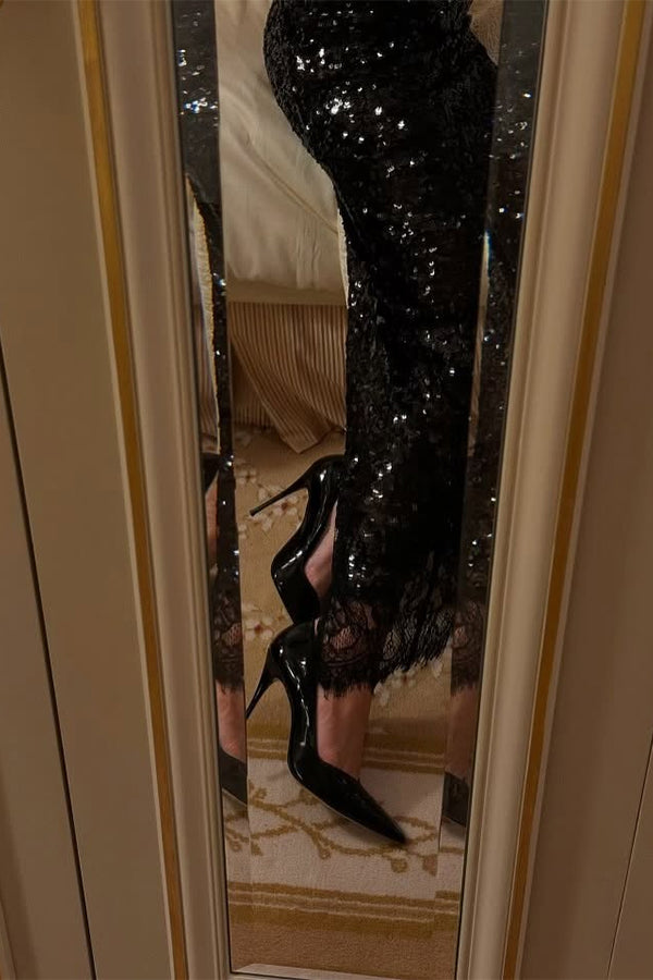 Lace-trimmed Deep V-neck Sequined Dress