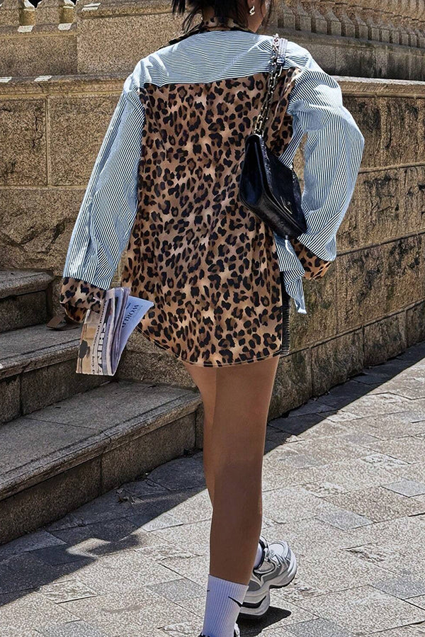 Stylish Striped Leopard Print Patchwork Loose Casual Long-sleeved Shirt
