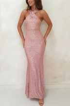 Sequin Cross Halter Neck Mermaid Flare Maxi Gown