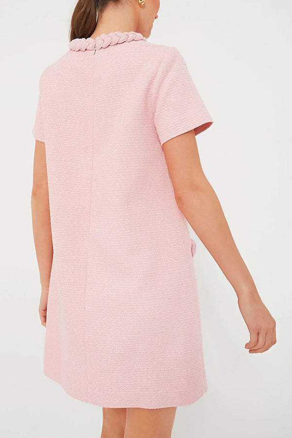 Tweed Braided Trim Crew Neck Button Welt Shift Mini Dress
