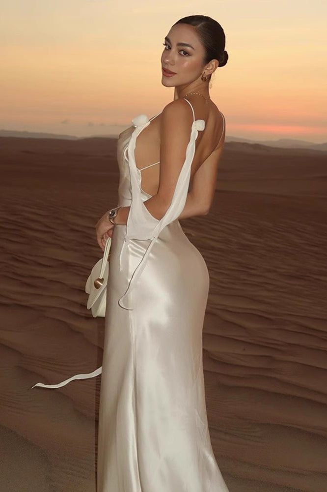 Satin Cowl Neck Rosette Applique Ribbon Tie Slip Maxi Dress