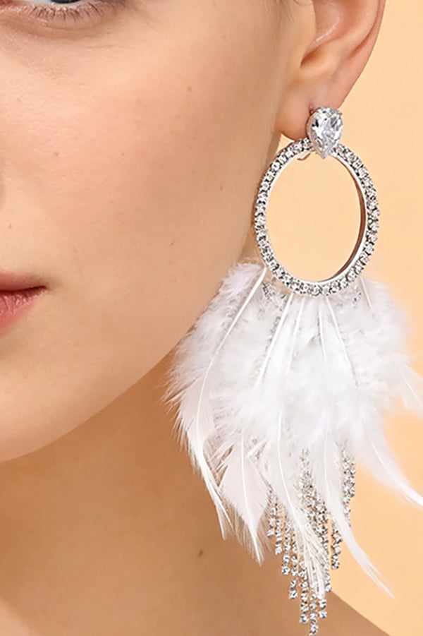 Rhinestone and Feather Tassel Earrings