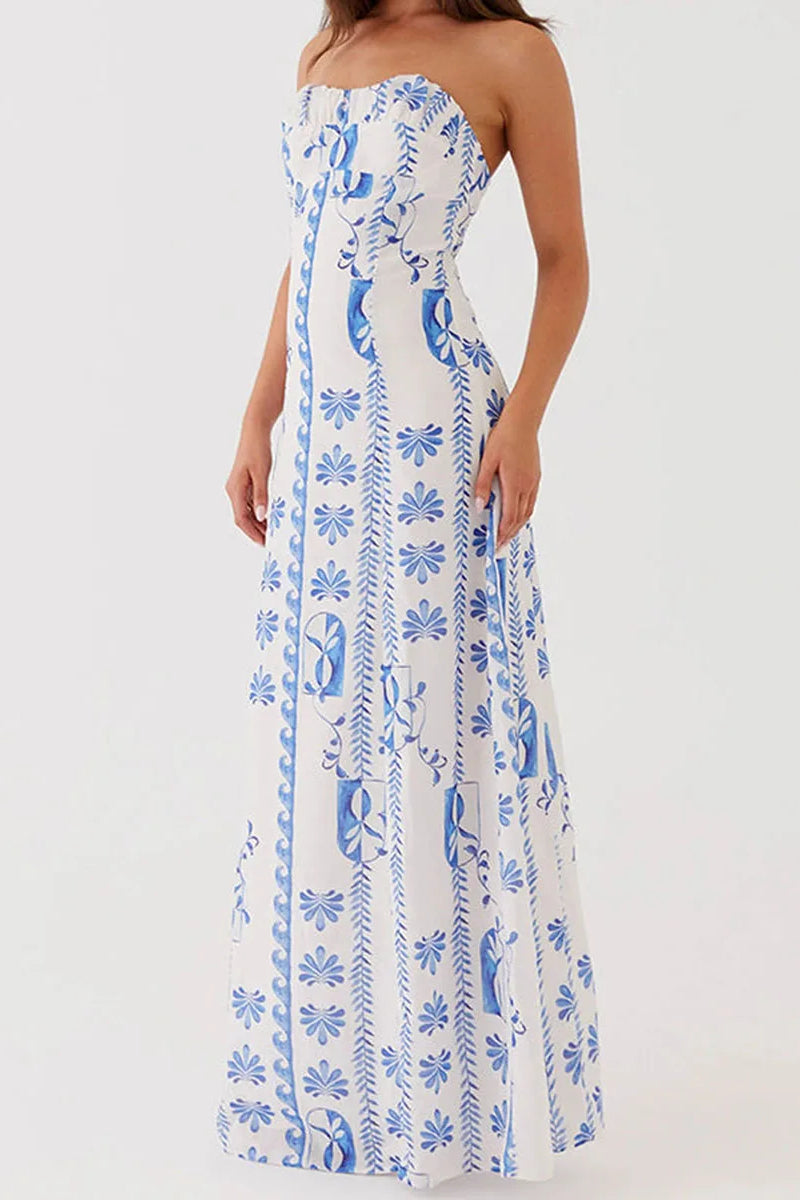 Floral Tile Print Strapless Ruffle Trim Bodycon Maxi Summer Dress