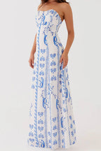 Floral Tile Print Strapless Ruffle Trim Bodycon Maxi Summer Dress