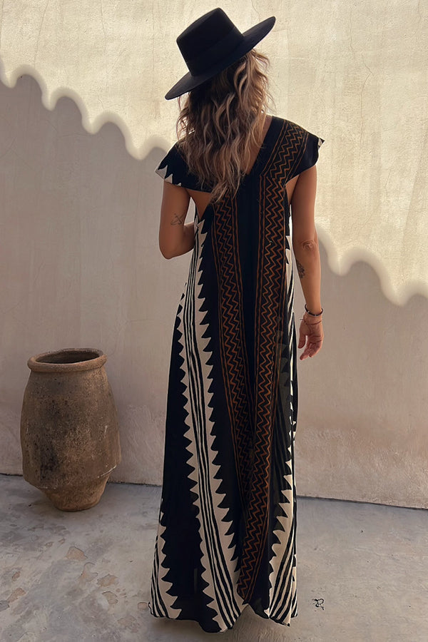 Ethnic Geometric Print Cap Sleeve Deep V-Neck A-Line Maxi Dress