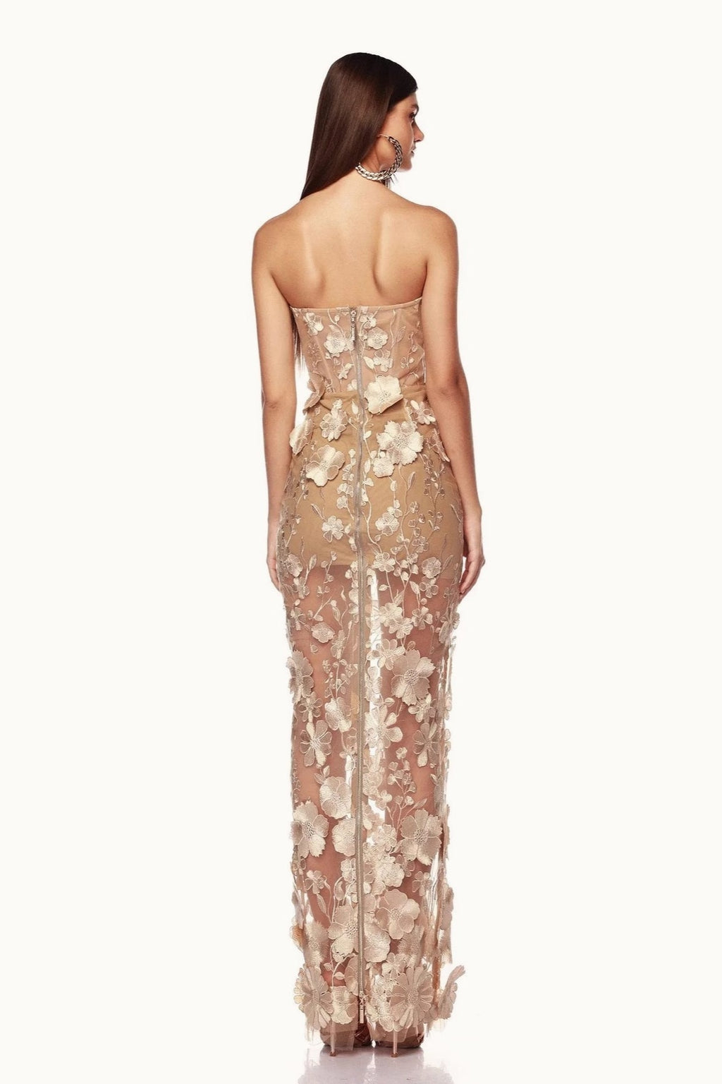 Elegant Strapless 3D Floral Embroidery Floral Dress