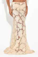 Modern Allure Floral Embroidery Lace Bell Sleeve Crop Top and High Rise Flare Maxi Skirt Set