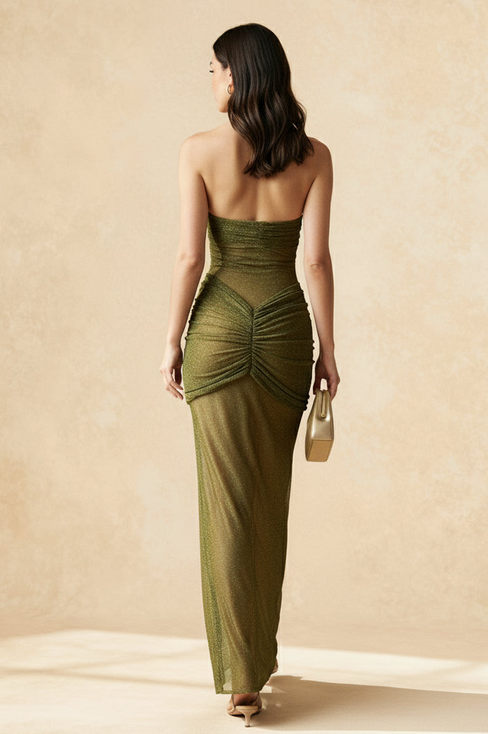 Sequin Strapless Sweetheart Neck Ruched Knot Hip Sheer Mesh Maxi Dress