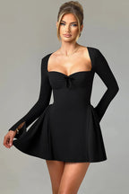 Long Sleeve Sweetheart Bow Neck Fit and Flare Mini Dress
