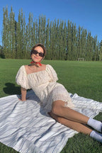 Off Shoulder Polka Dot Smocked Waist Puff Sleeve Ruffle Mini Dress