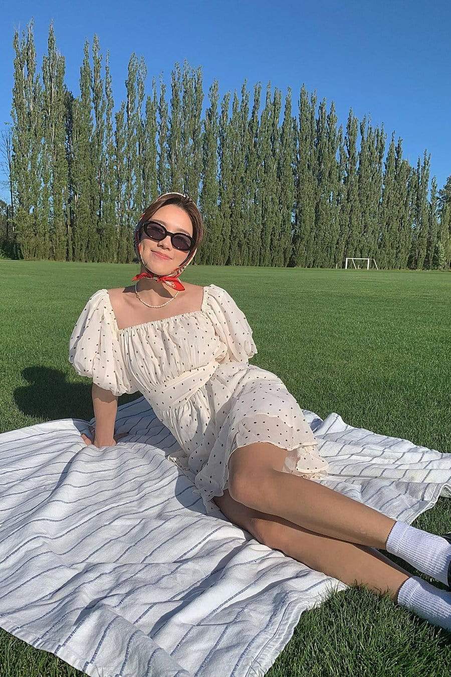 Off Shoulder Polka Dot Smocked Waist Puff Sleeve Ruffle Mini Dress