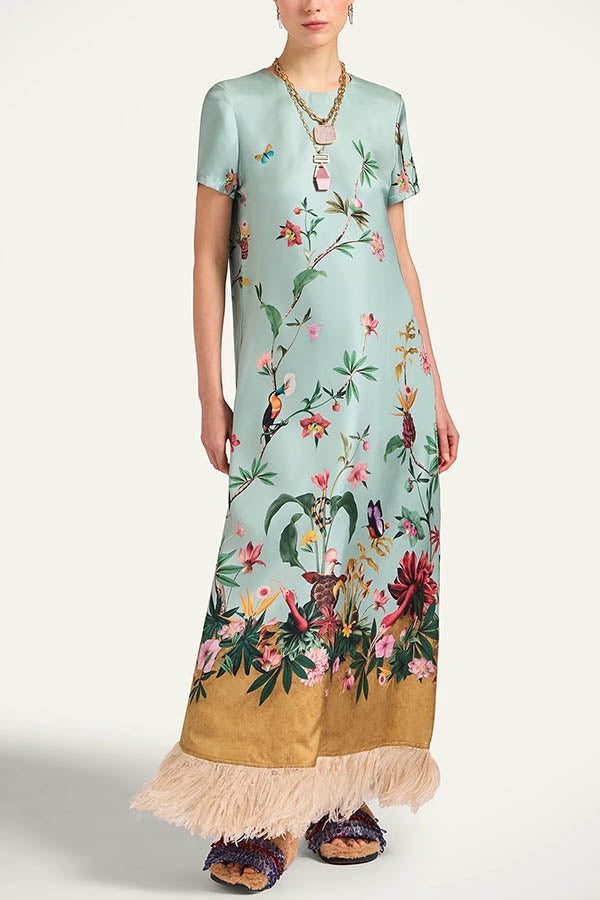 Mezcal Satin Floral Print Contrast Color Printed Short Sleeve Pocket Feather Trim Maxi Dress