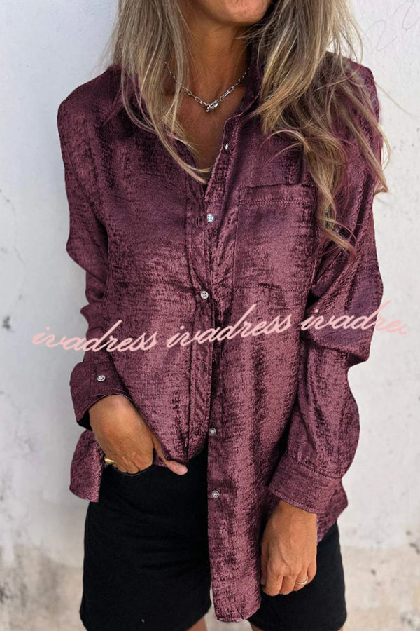 First and Fabulous Metallic Fabric Button Up Long Sleeve Loose Blouse