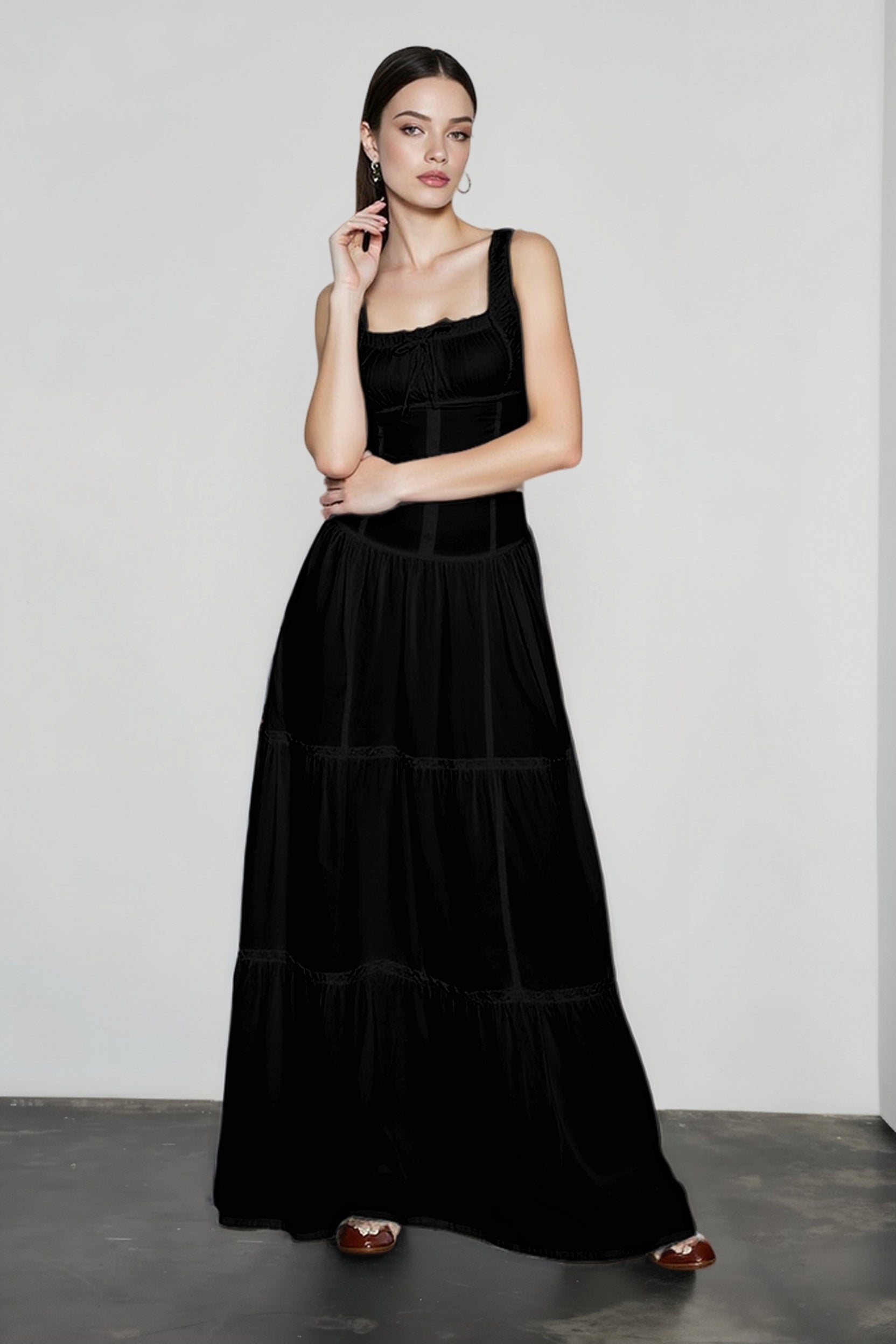 Square Neck Corset Button Front Tiered Ruffle Maxi Dress