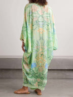 Botanical Print Deep V-Neck Batwing Sleeve Draped Maxi Dress