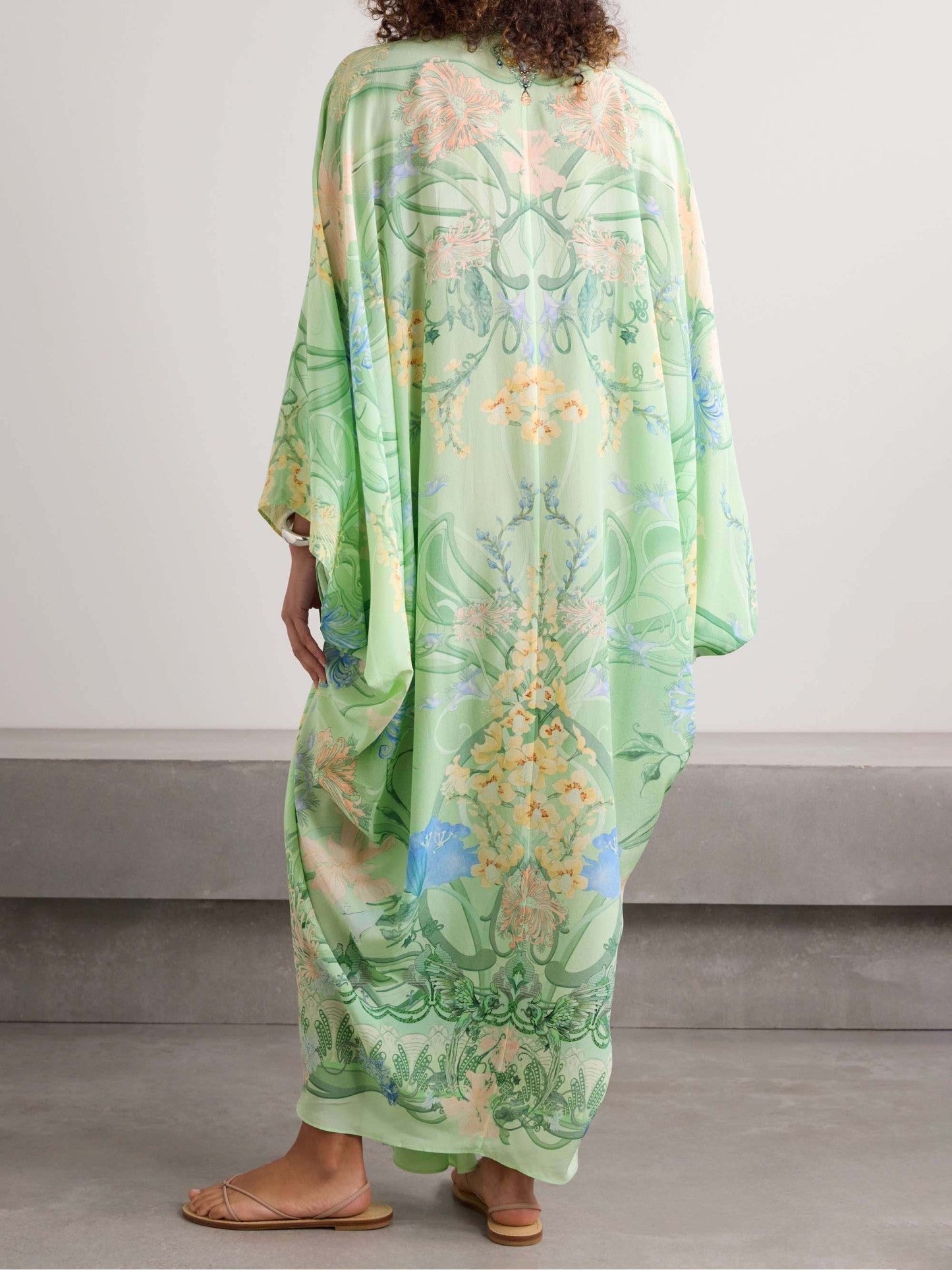 Botanical Print Deep V-Neck Batwing Sleeve Draped Maxi Dress