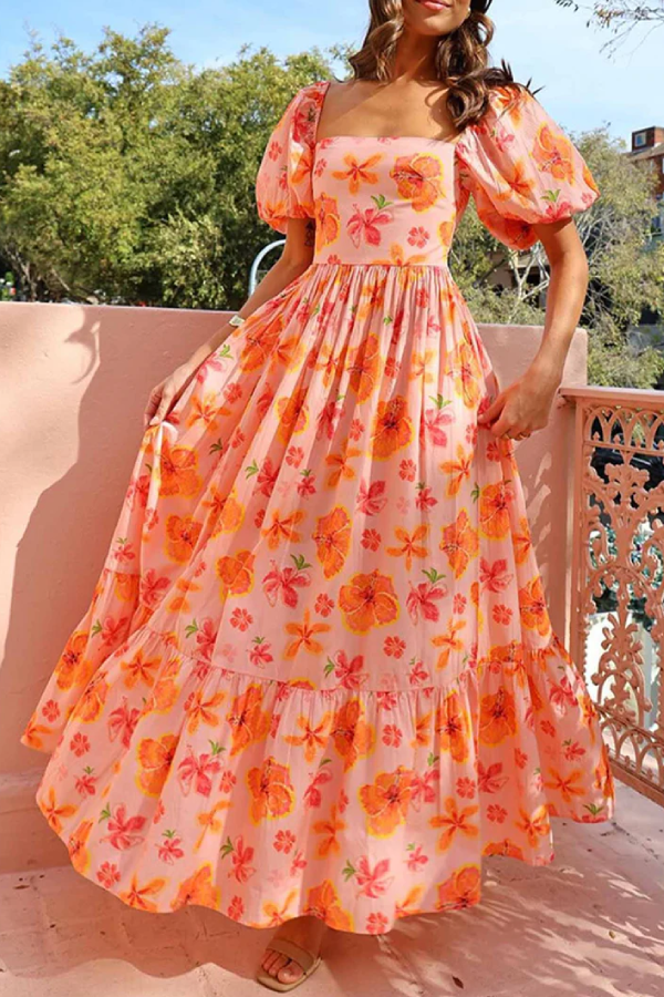 Yelena Effortless Printed Ruched a Line Dress with Puff Sleeves Premium Wardrobe Essential