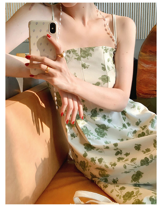 Floral Print Square Neck Spaghetti Strap Slip Midi Dress