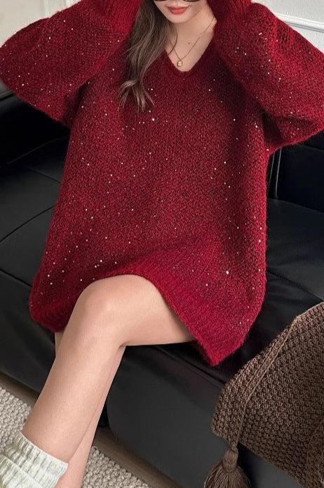 V Neck Sequin Oversized Sweater
